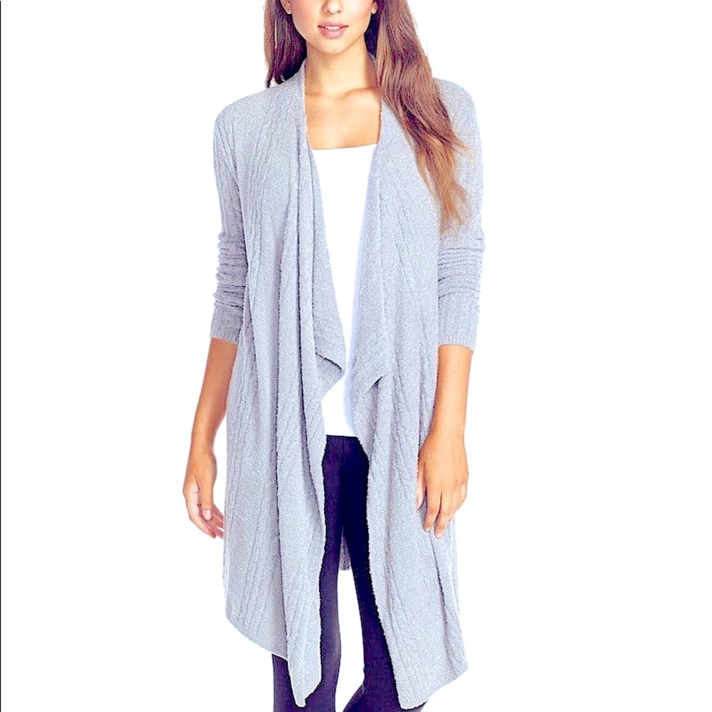 *Barefoot Dreams Cozy Chic Ivory Cable Knit Asymmetrical Open Front Cardigan - Picture 3 of 16